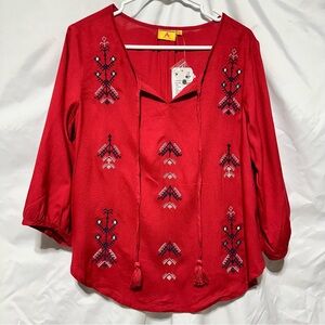 ATEESA Maroon Embroidered Geometric Tassel Top | Liva Eco Fabric XL